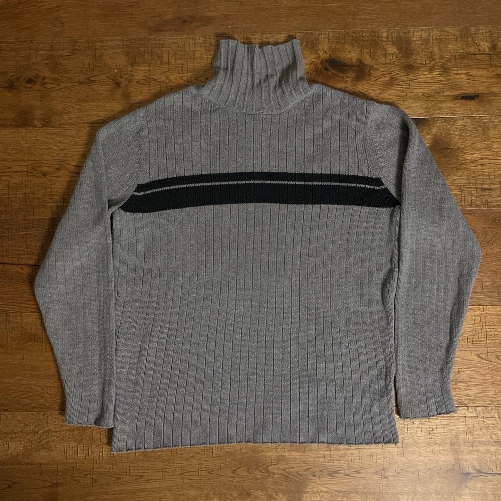 Old Navy Turtleneck Sweater Mens Large Grey Academia Ribbed Stripe